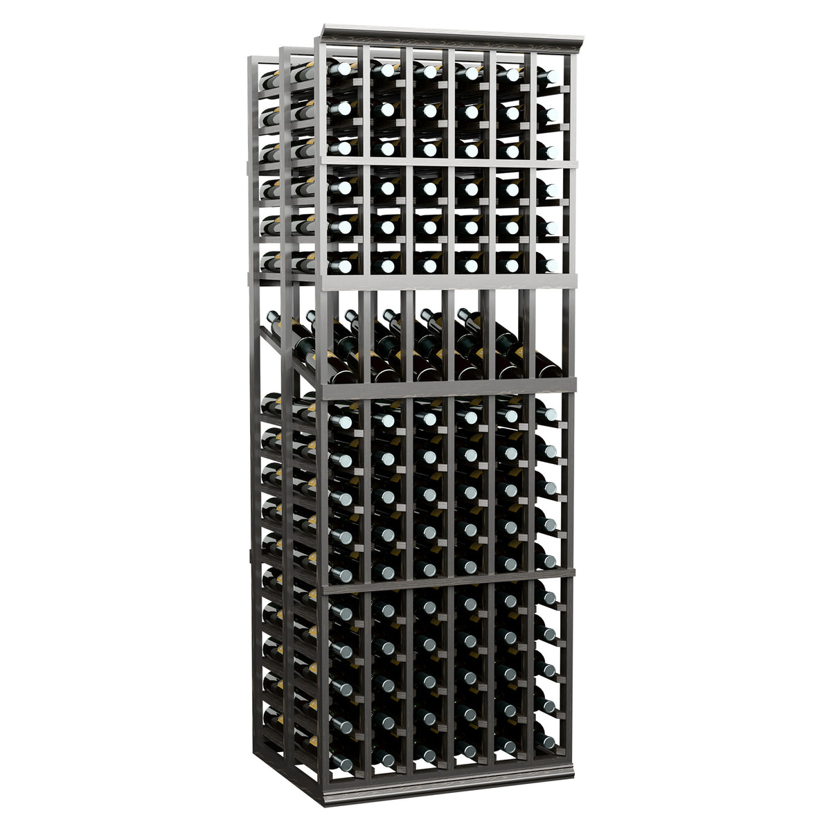 6-column double-deep wine display rack with dark frame and rows of front bottle openings