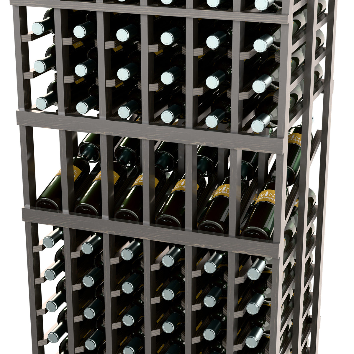 6-column double-deep wine rack close-up showing front bottle slots on dark wood frame