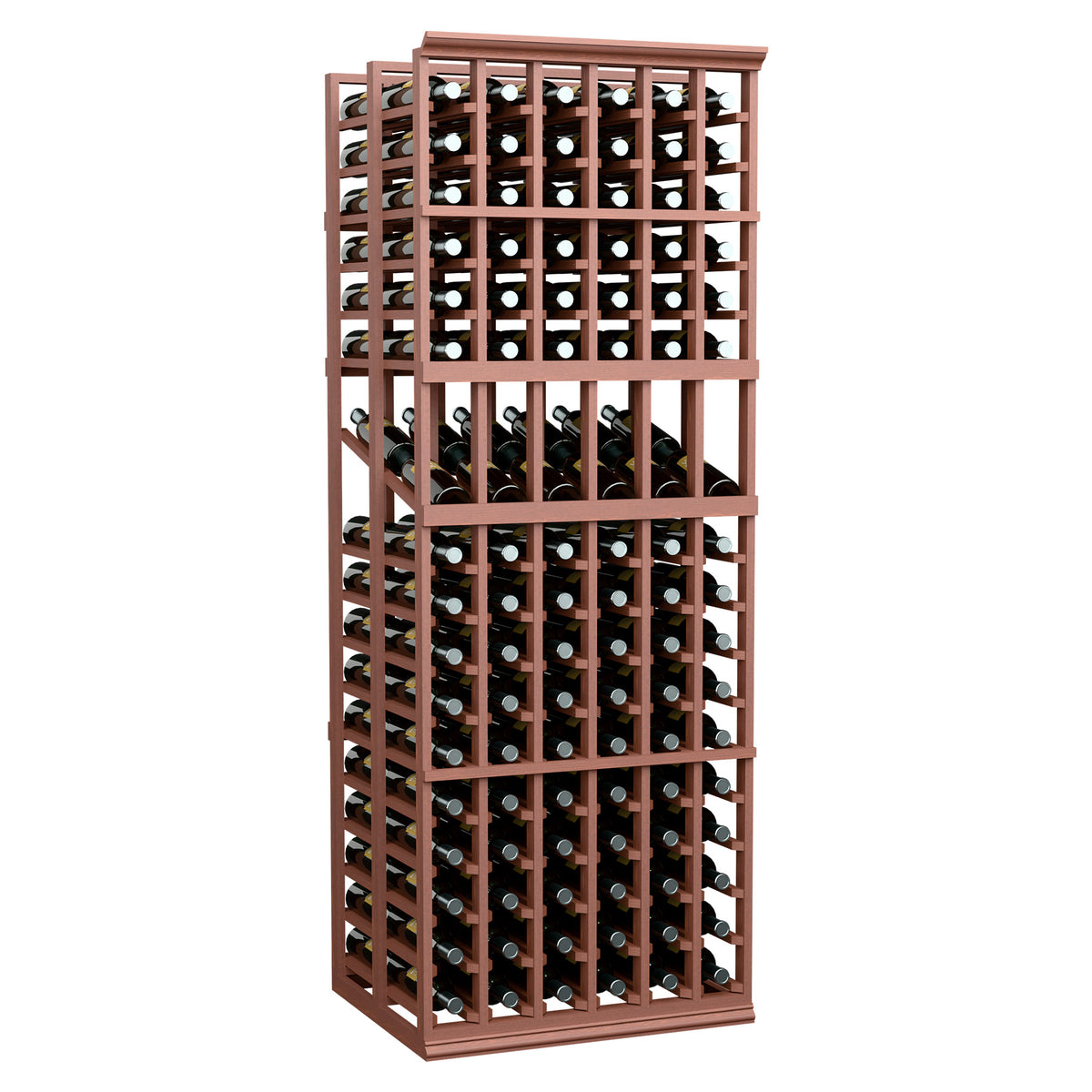 6-column double-deep wine display rack with reddish wood frame and front bottle cubbies
