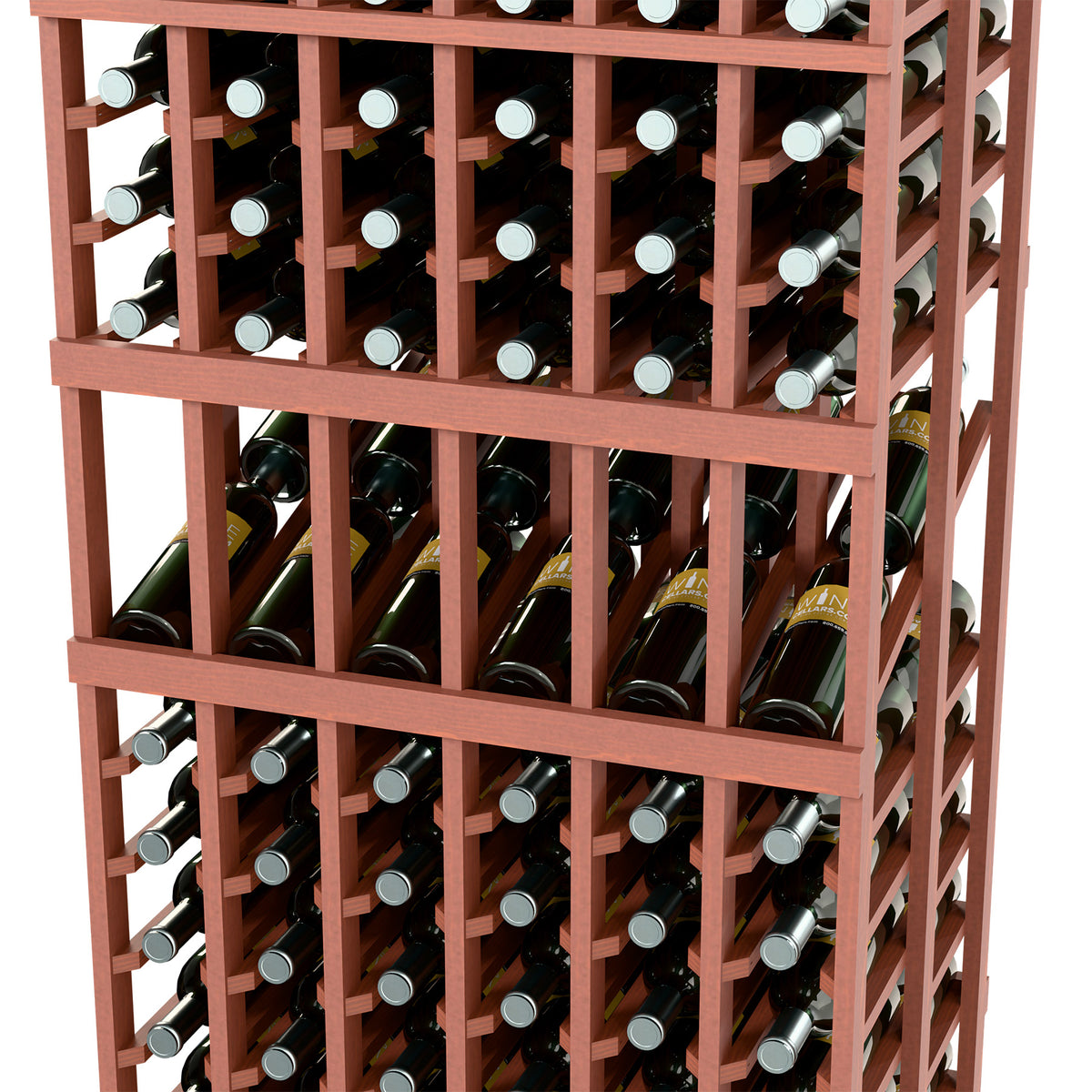 6-column double-deep wine rack close-up with reddish frame and bottle storage rows