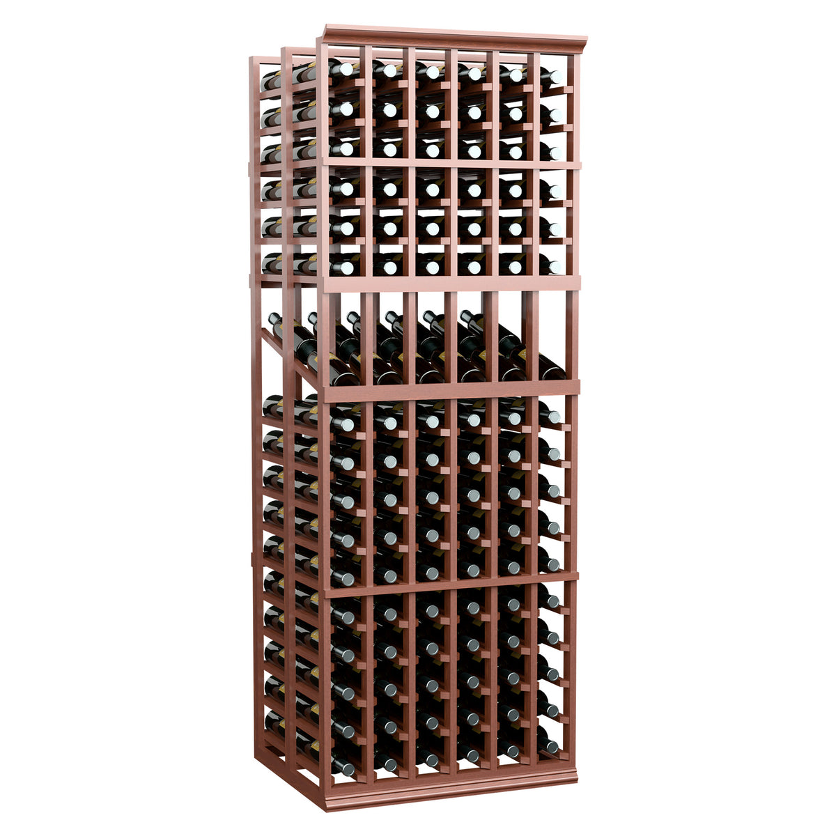 6-column double-deep wine display rack with reddish wood frame and front-facing bottle openings