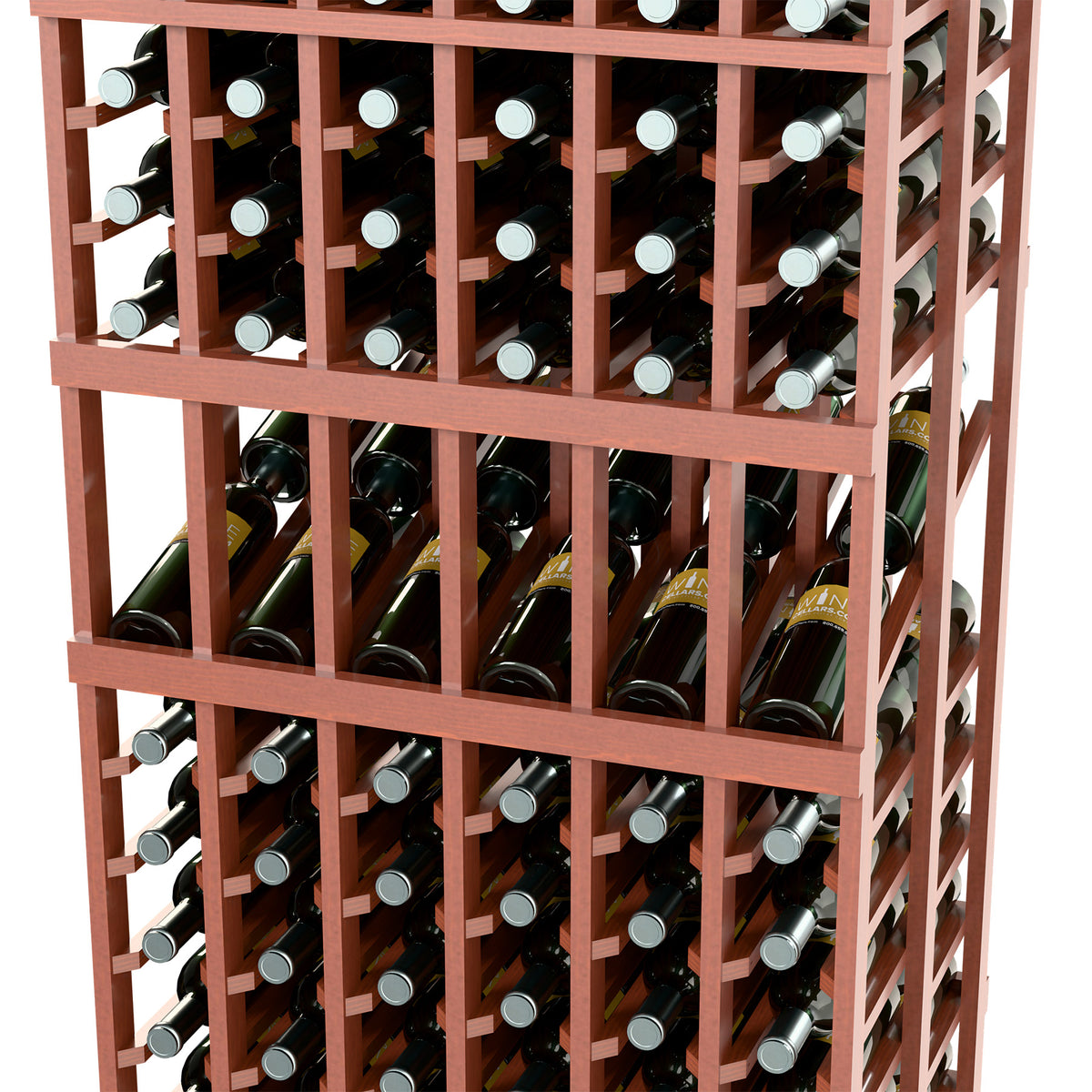 6-column double-deep wine rack close-up showing bottle slots on reddish wood frame