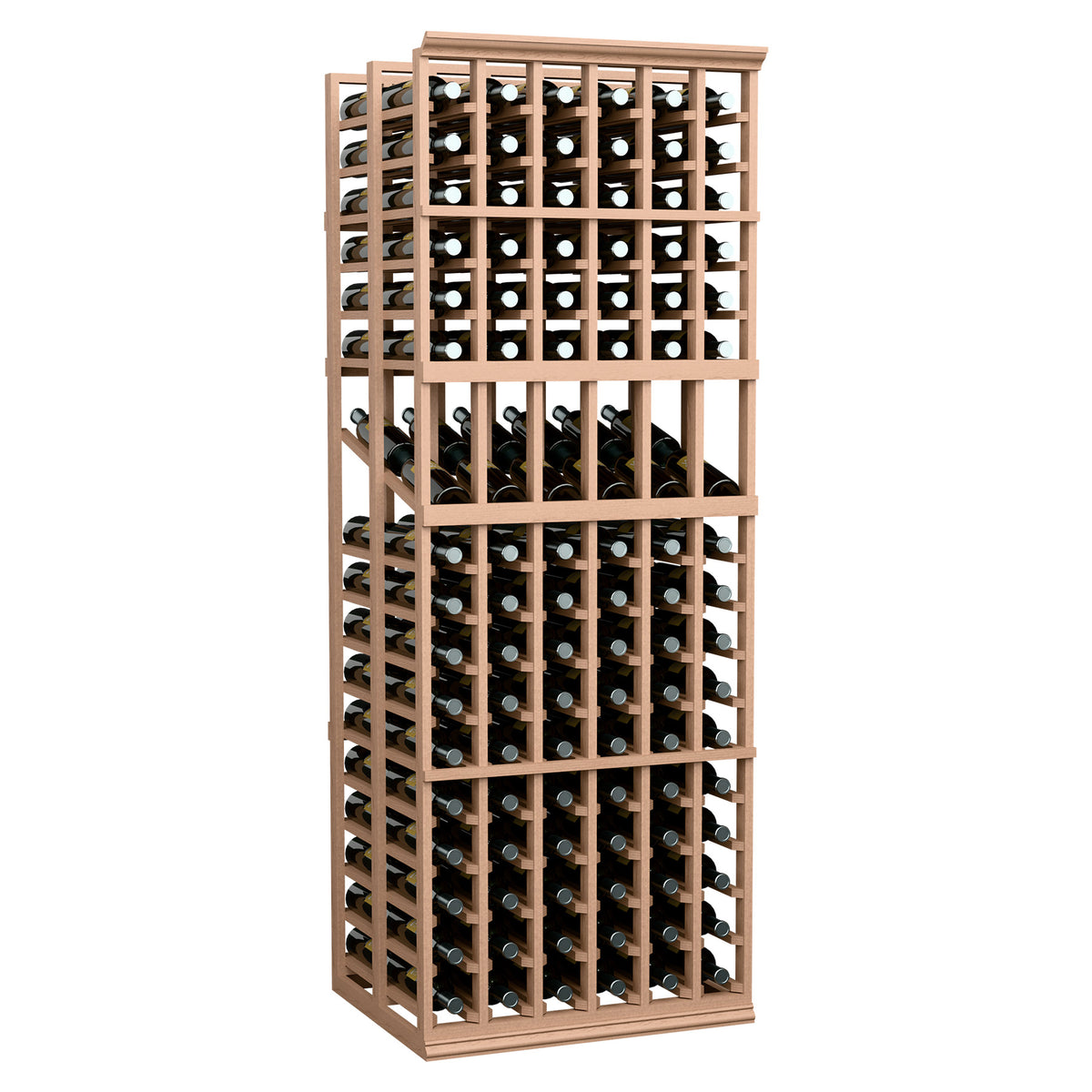 6-column double-deep wine display rack with light wood frame and front bottle cubbies