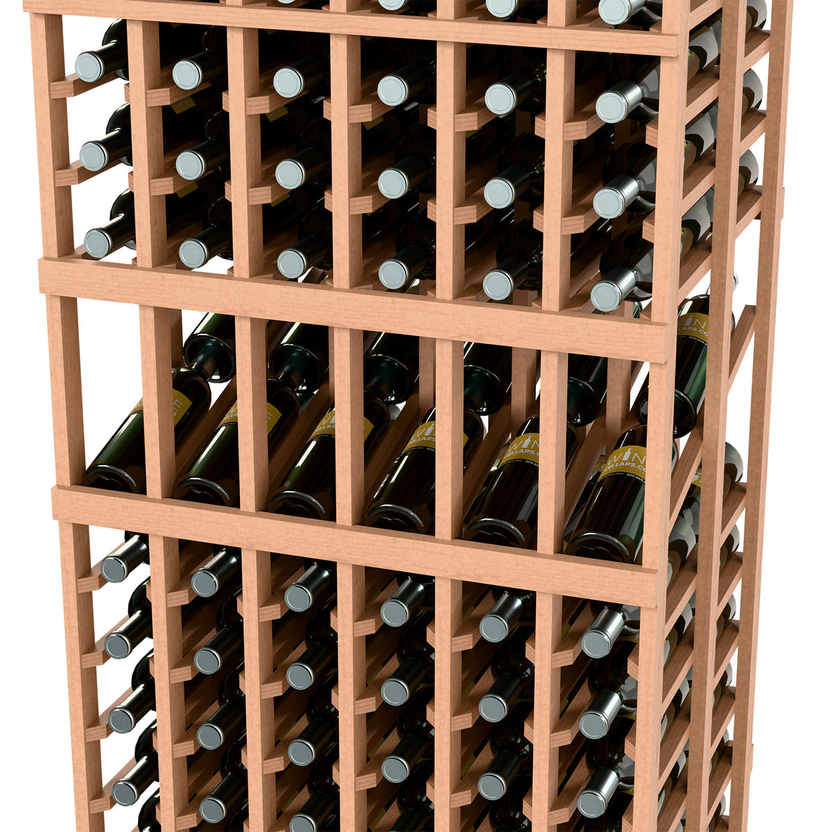 6-column double-deep wine rack close-up of bottle slots on light wood frame