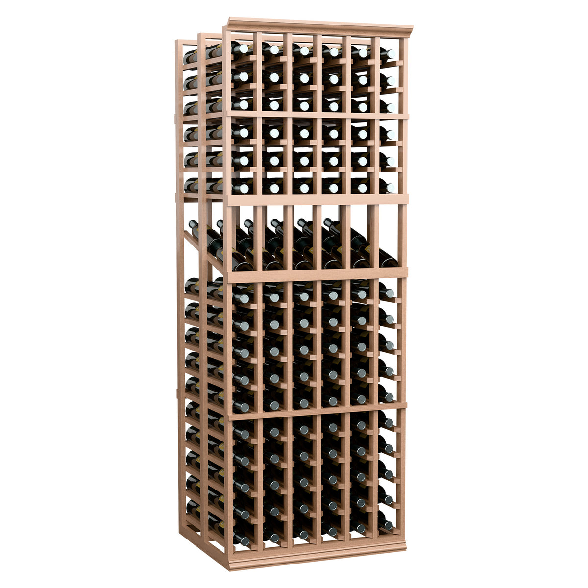 6-column double-deep wine display rack with filled bottles, natural wood frame