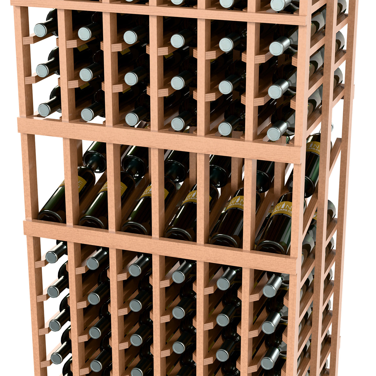 Wine bottle display rack, close-up of rows and bottle necks in natural wood frame