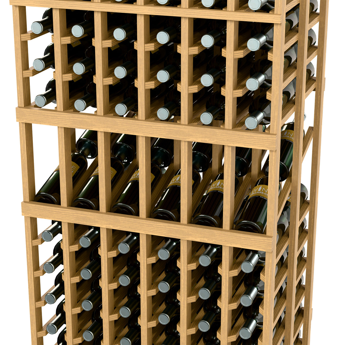Wine bottle display rack with multiple rows, natural wood frame and bottle necks