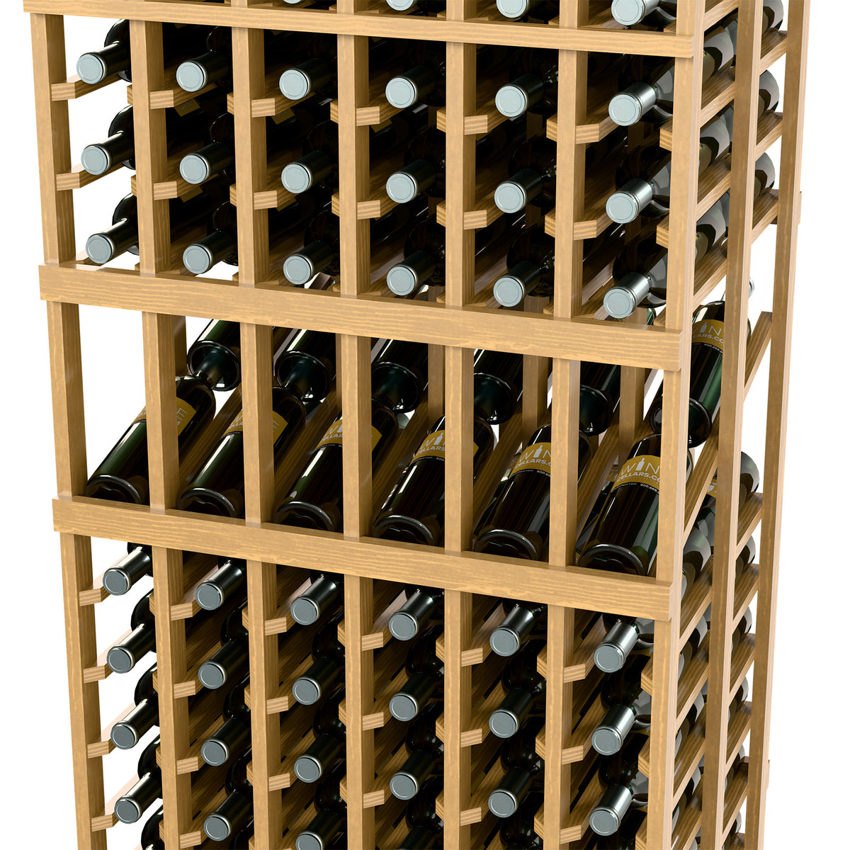 Wine bottle display rack, side angle showing bottle rows in natural wood frame