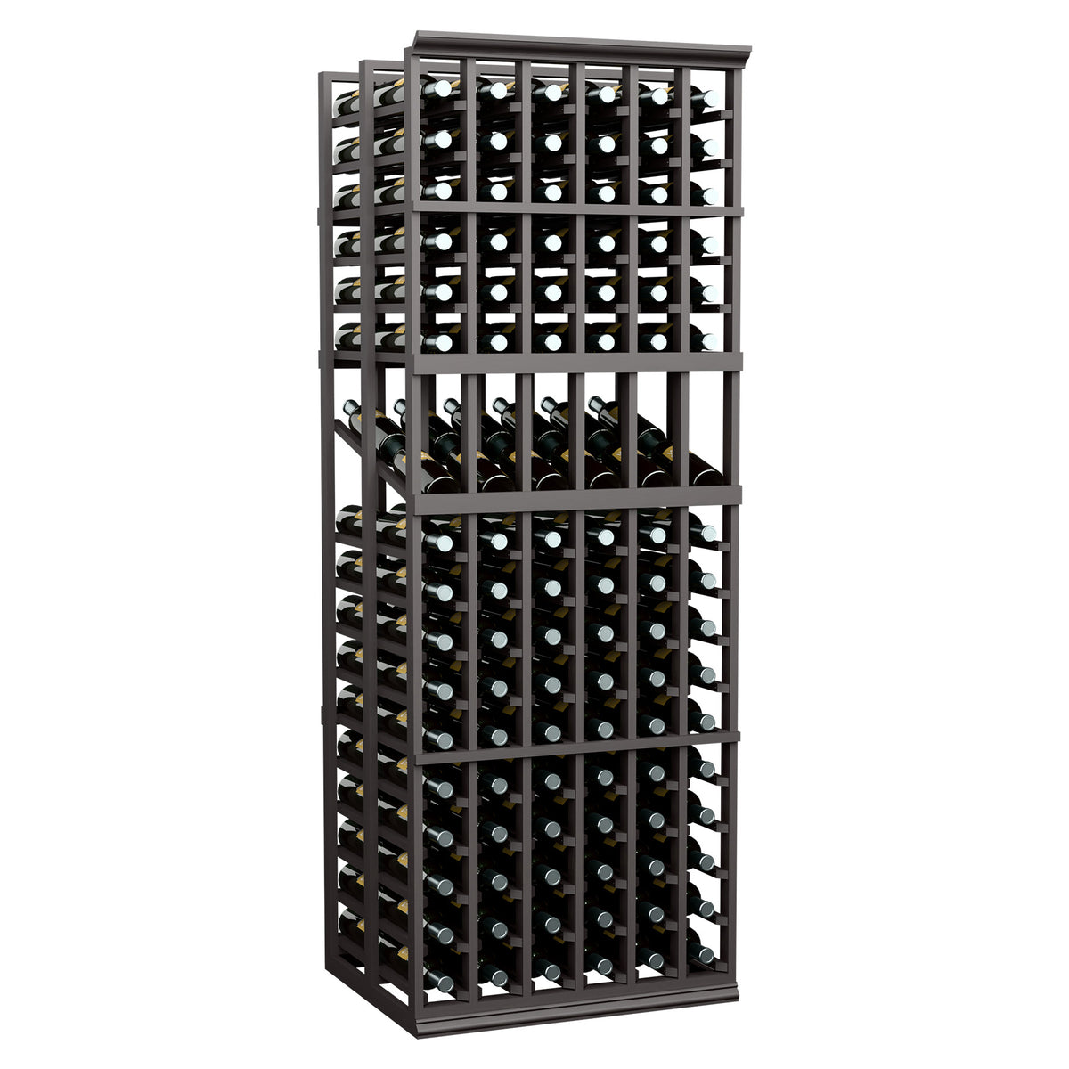 6-column double-deep wine display rack with filled bottles, dark wood frame