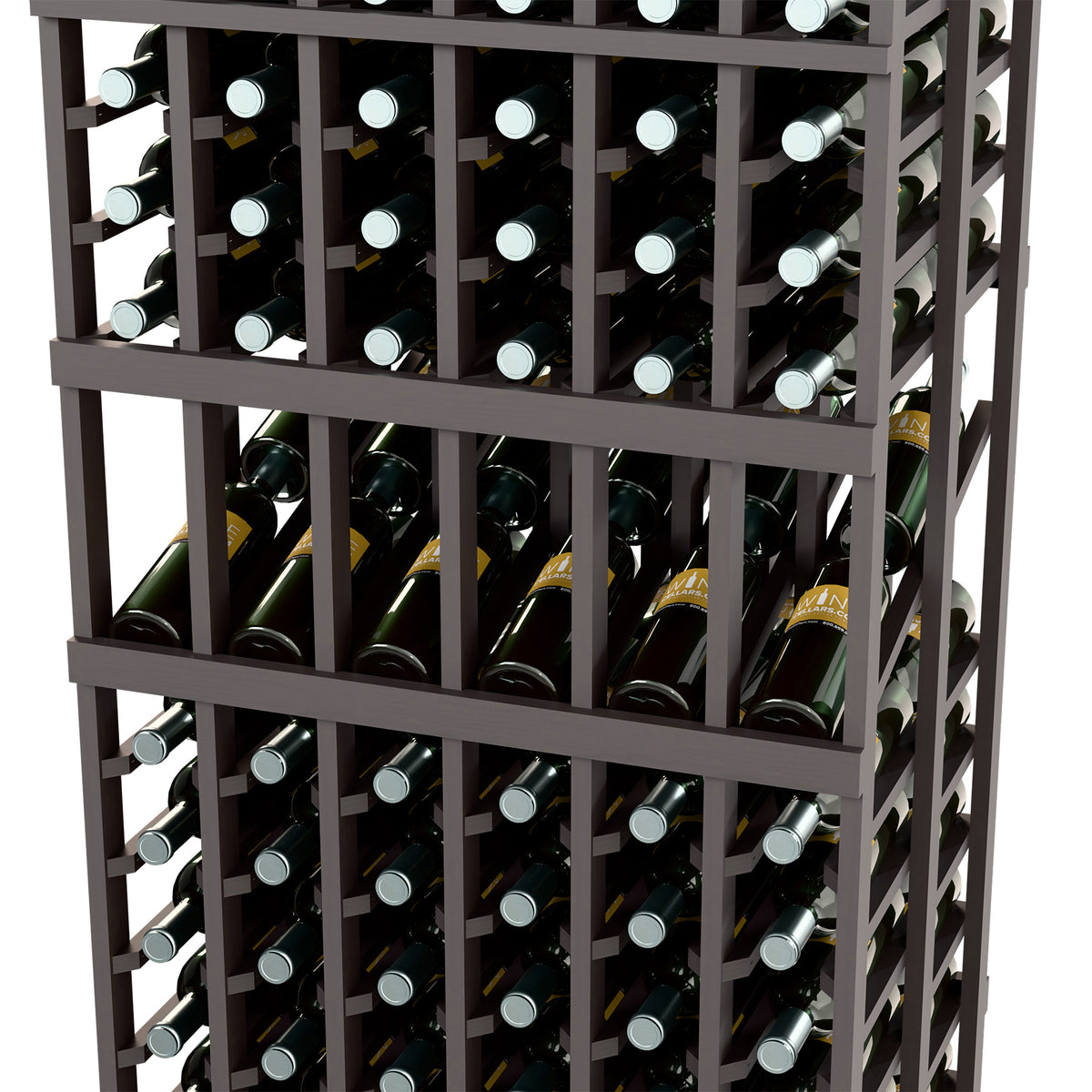 Wine bottle display rack close-up, bottle necks in dark frame with square grids