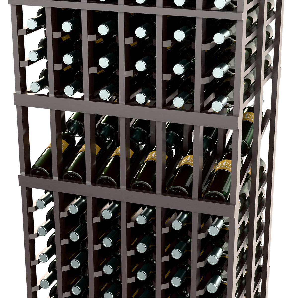 Wine bottle display rack, close-up of bottle rows in dark frame grid