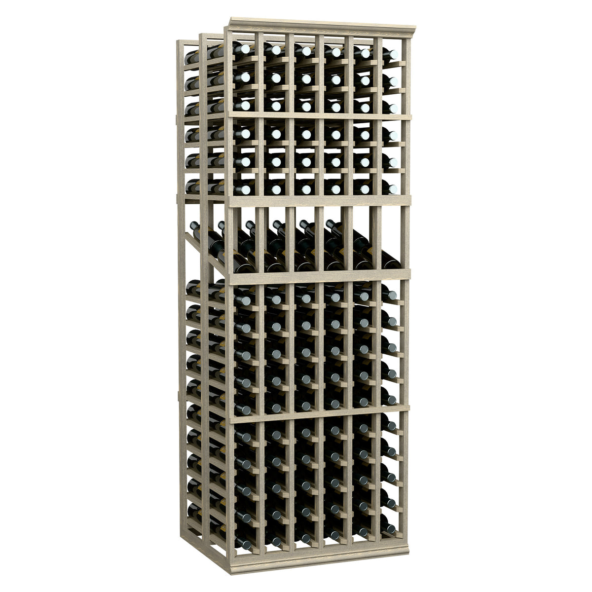6-column double-deep wine display rack with black bottles in a grid
