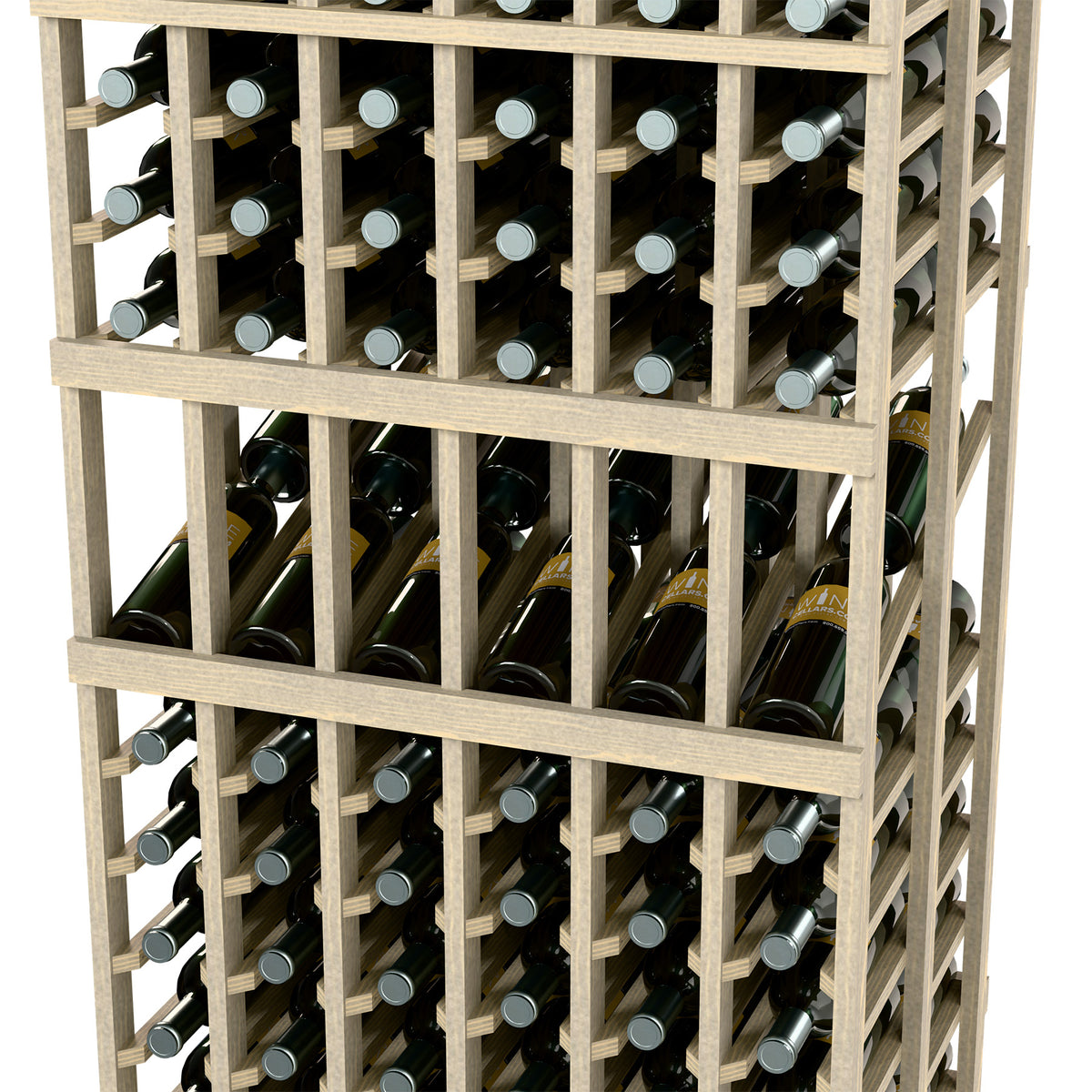 6-column double-deep wine rack showing rows of bottles between wooden dividers