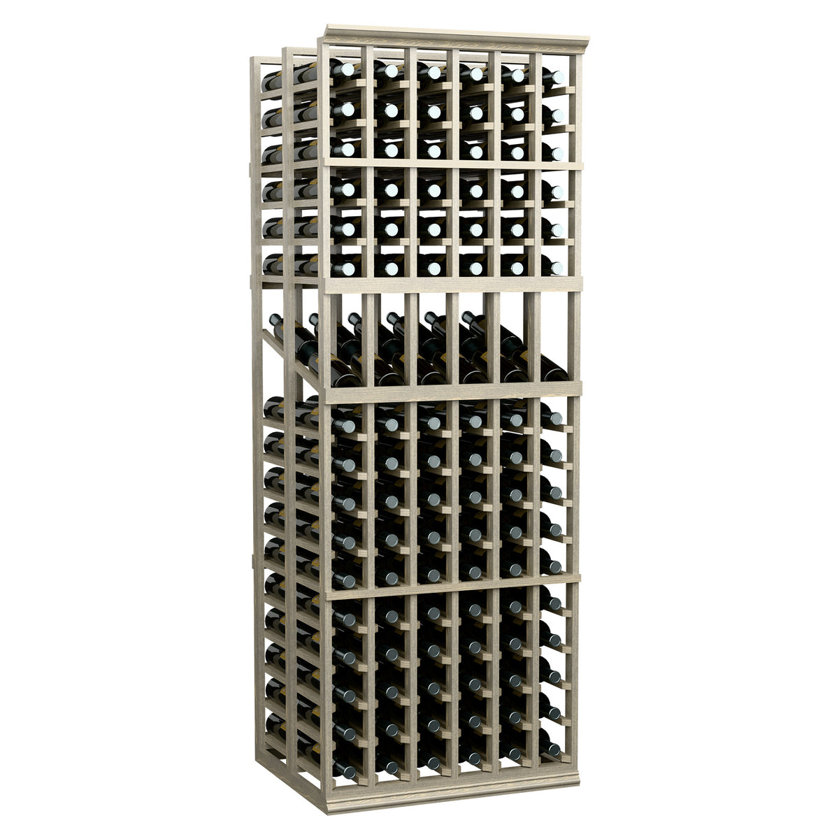 Tall 6-column double-deep wine display rack with bottles in two-deep slots