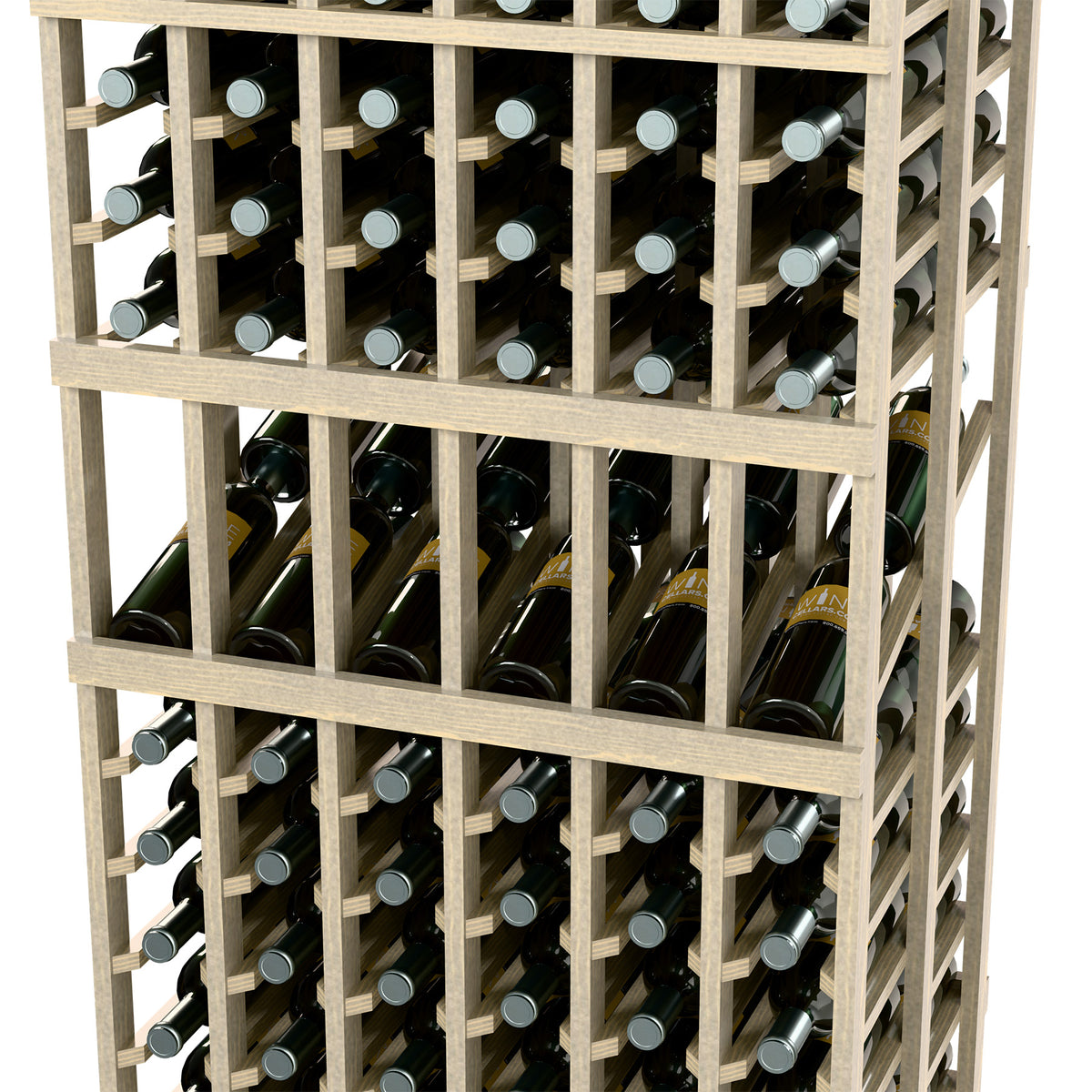 Front view of 6-column double-deep wine rack with bottle necks and wooden crossbars