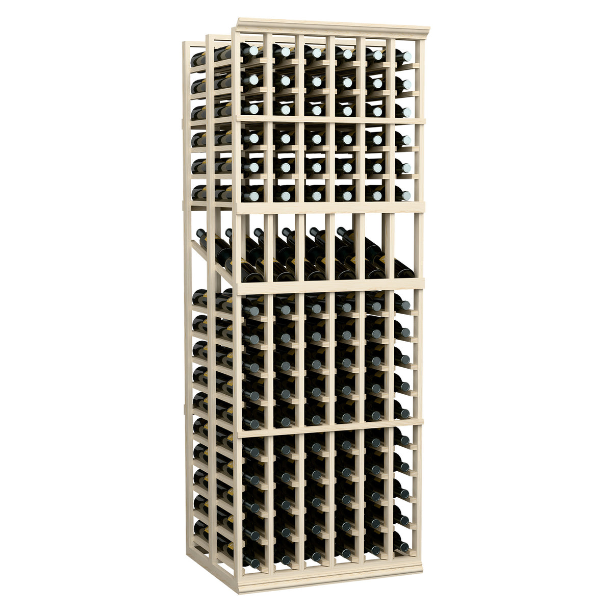 Light wood 6-column double-deep wine display rack with black bottles on display