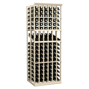 Light wood 6-column double-deep wine display rack with black bottles on display