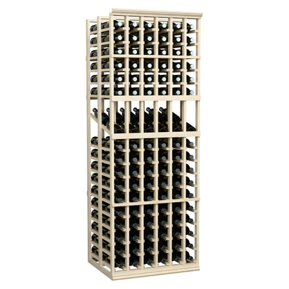 Light wood 6-column double-deep wine display rack with black bottles on display