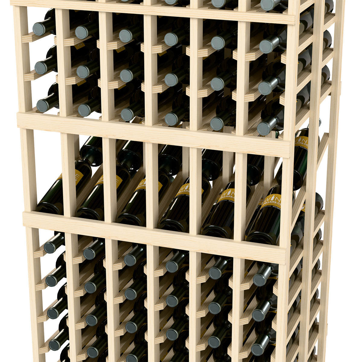 Light wood 6-column double-deep wine rack close-up of bottle-filled compartments