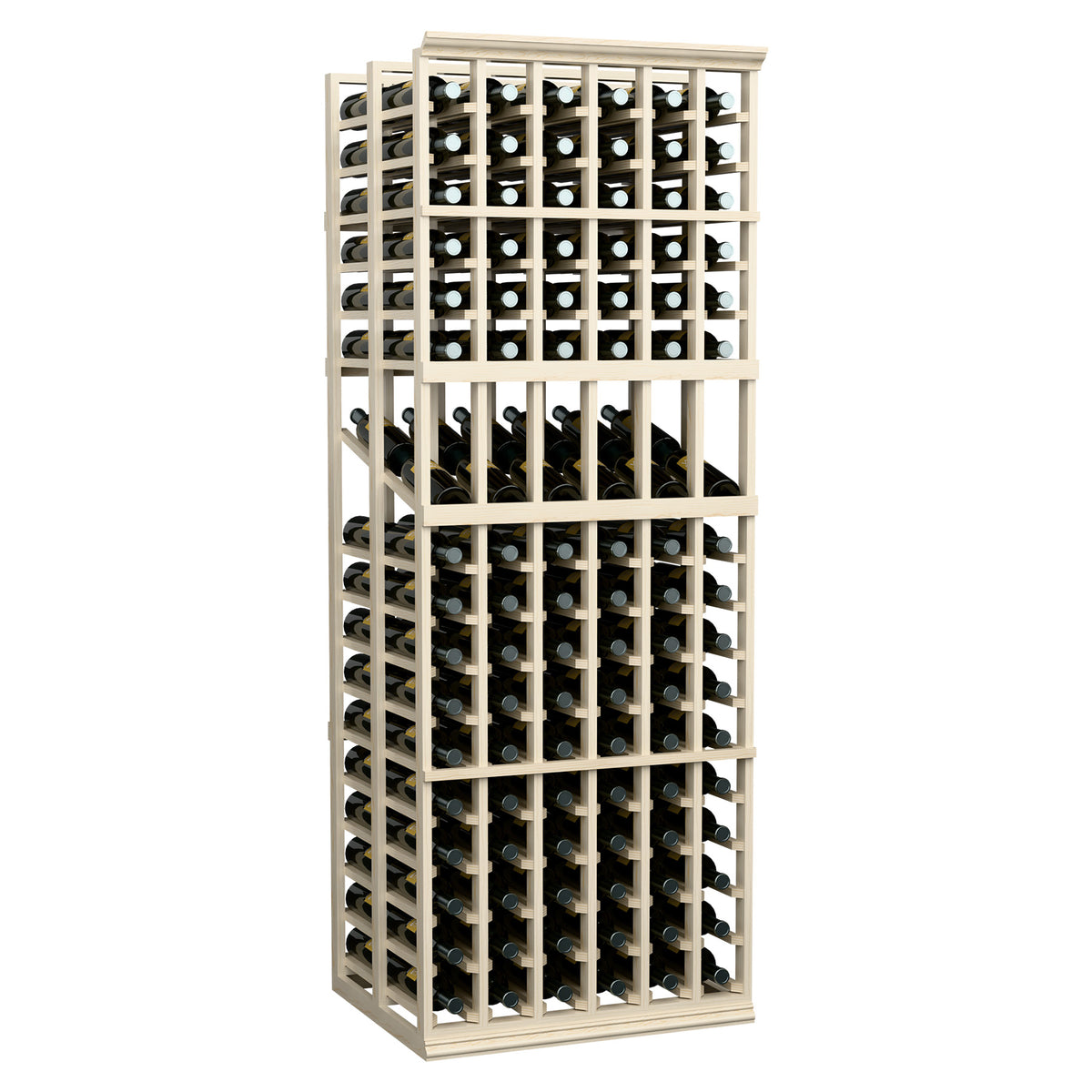 Tall 6-column double-deep wine display rack with bottle storage in a lattice frame