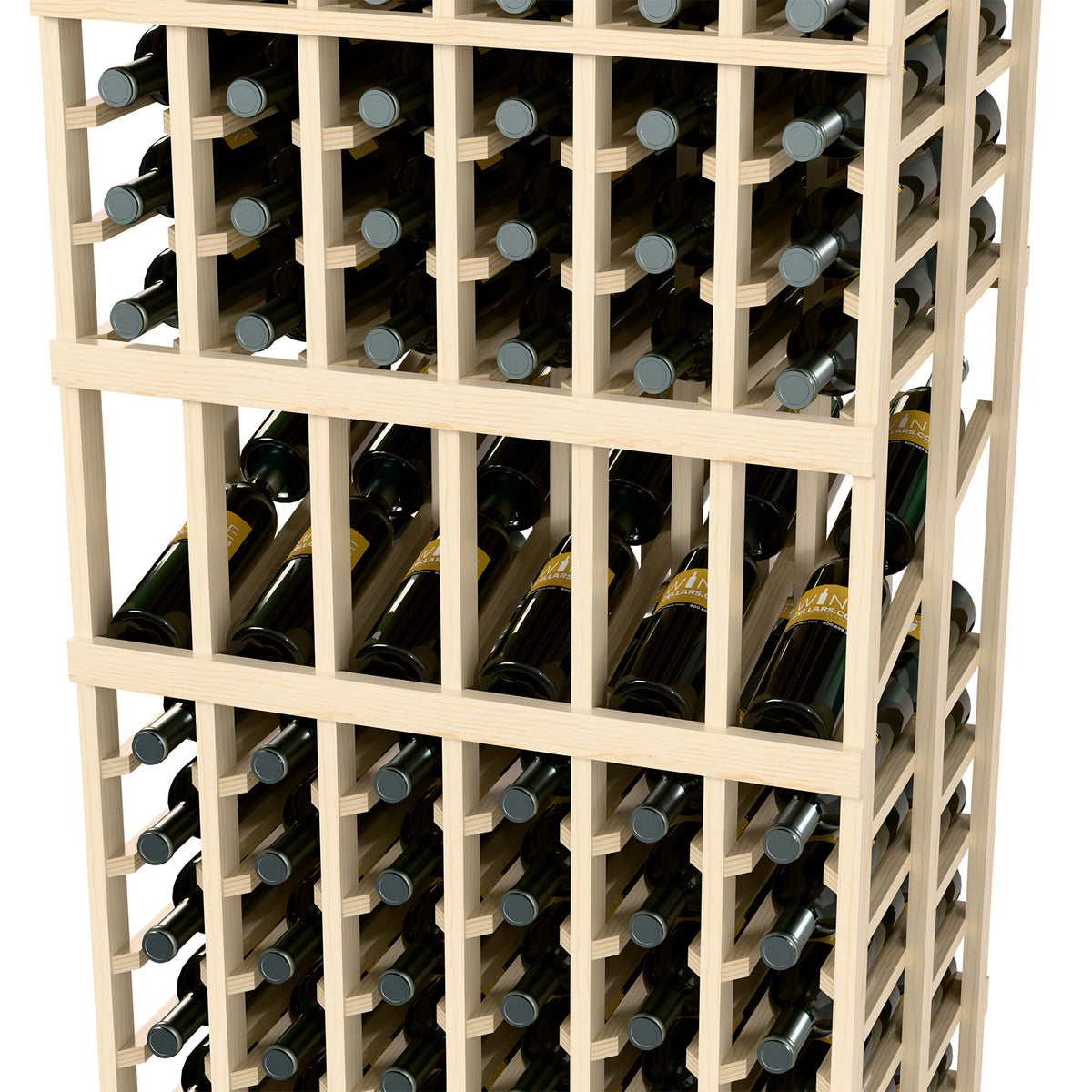 Light wood 6-column double-deep wine rack with two-deep bottle rows behind bars