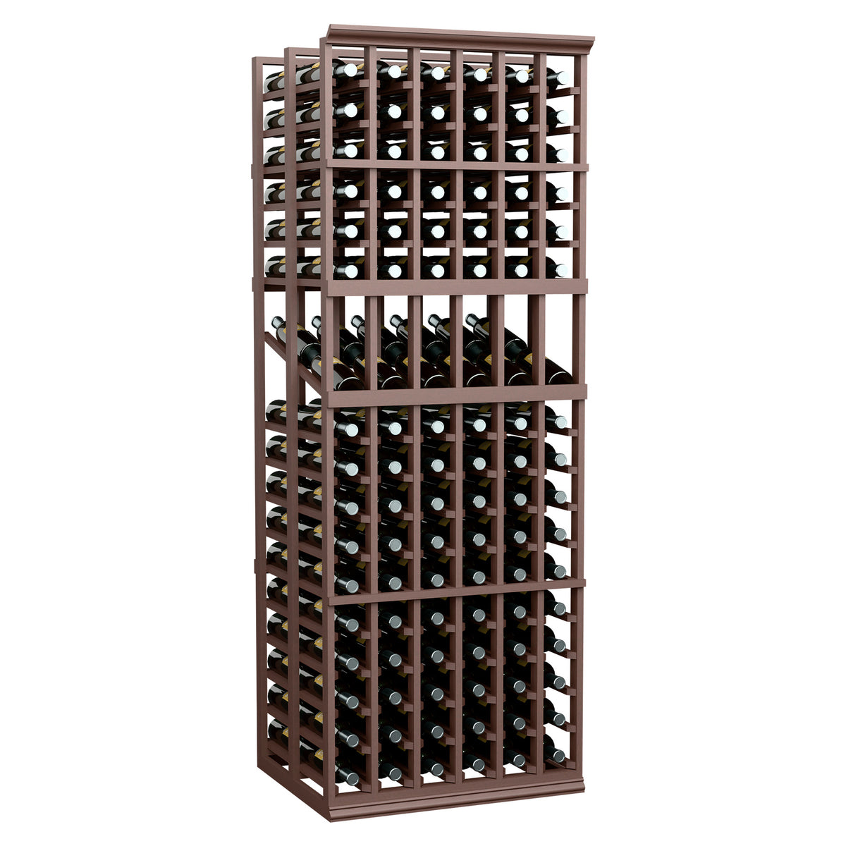 Dark wood 6-column double-deep wine display rack holding bottles in grid compartments