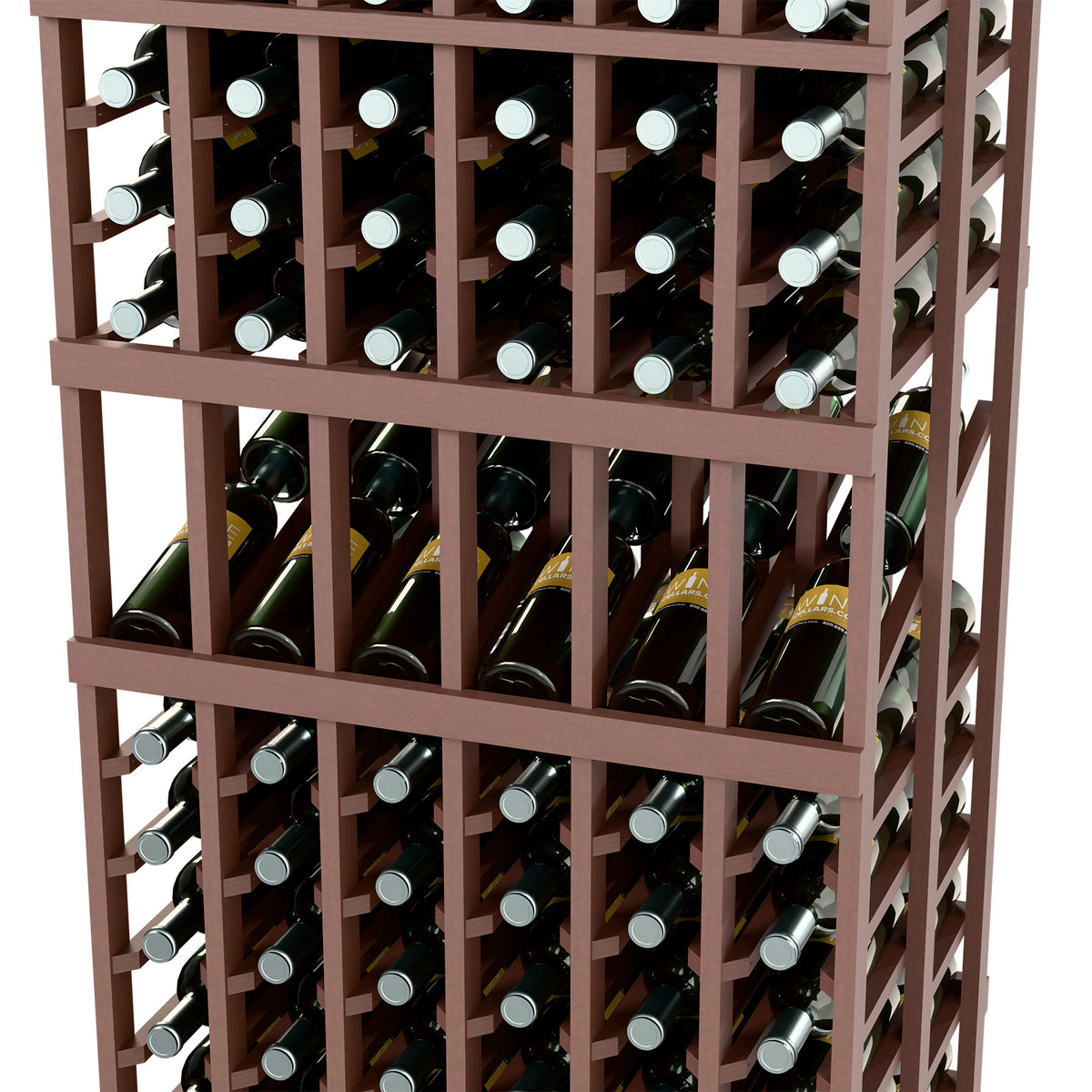 Espresso-toned 6-column double-deep wine rack with bottles and wooden dividers