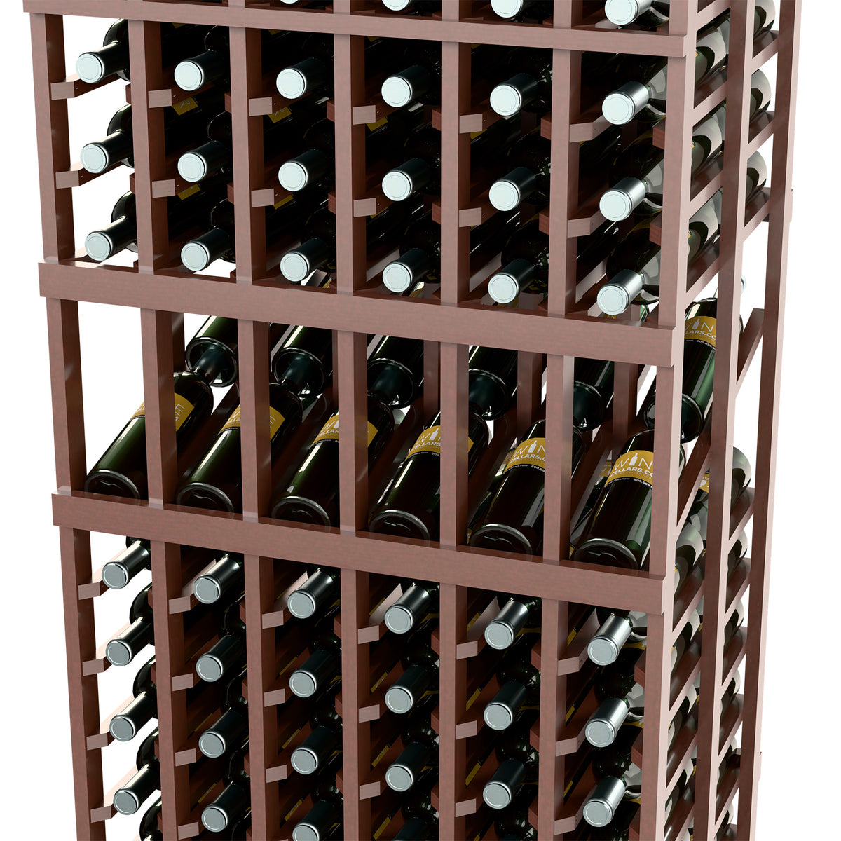 Dark wood wine rack frame with open bottle slots and horizontal grid dividers