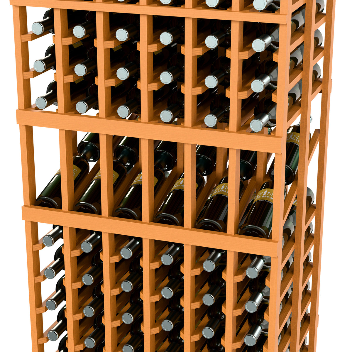 Amber wood wine rack close-up with open bottle compartments and grid rails