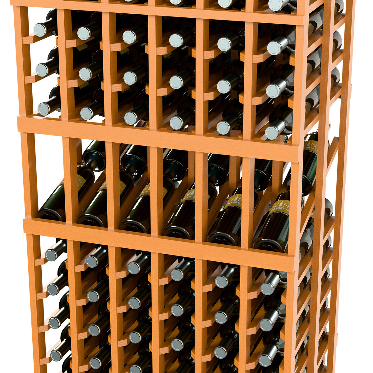 Amber wood wine rack close-up showing bottle neck slots and wooden dividers