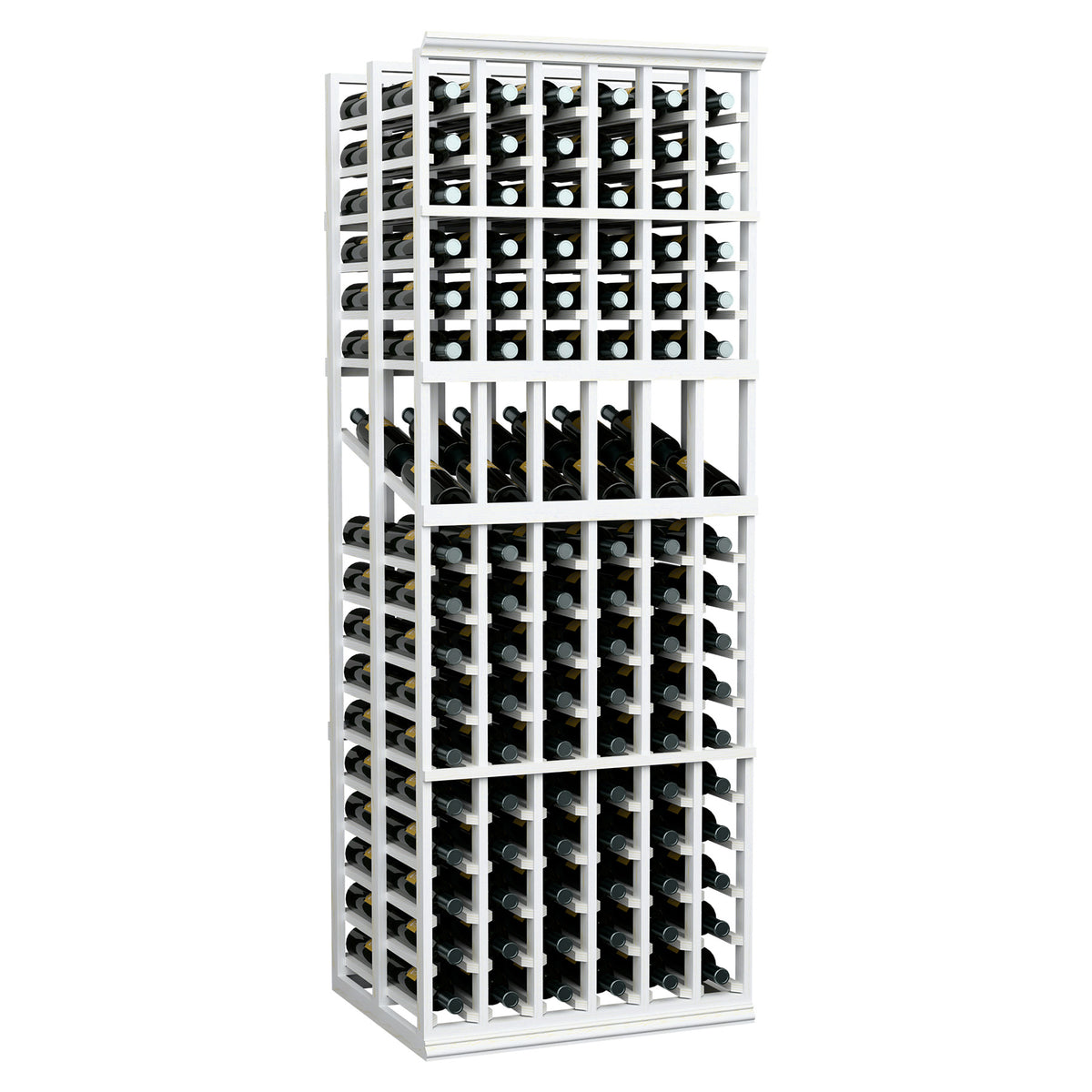 White 6-column double-deep wine display rack with grid shelves for bottles