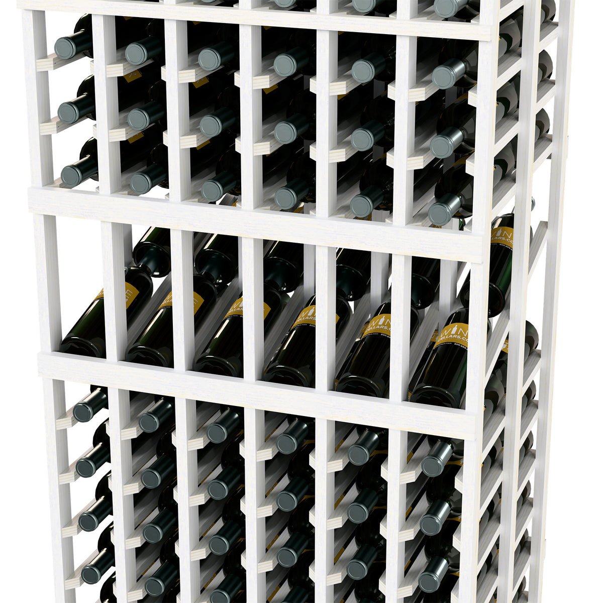 White wine rack close-up with open bottle slots and horizontal wooden grid dividers