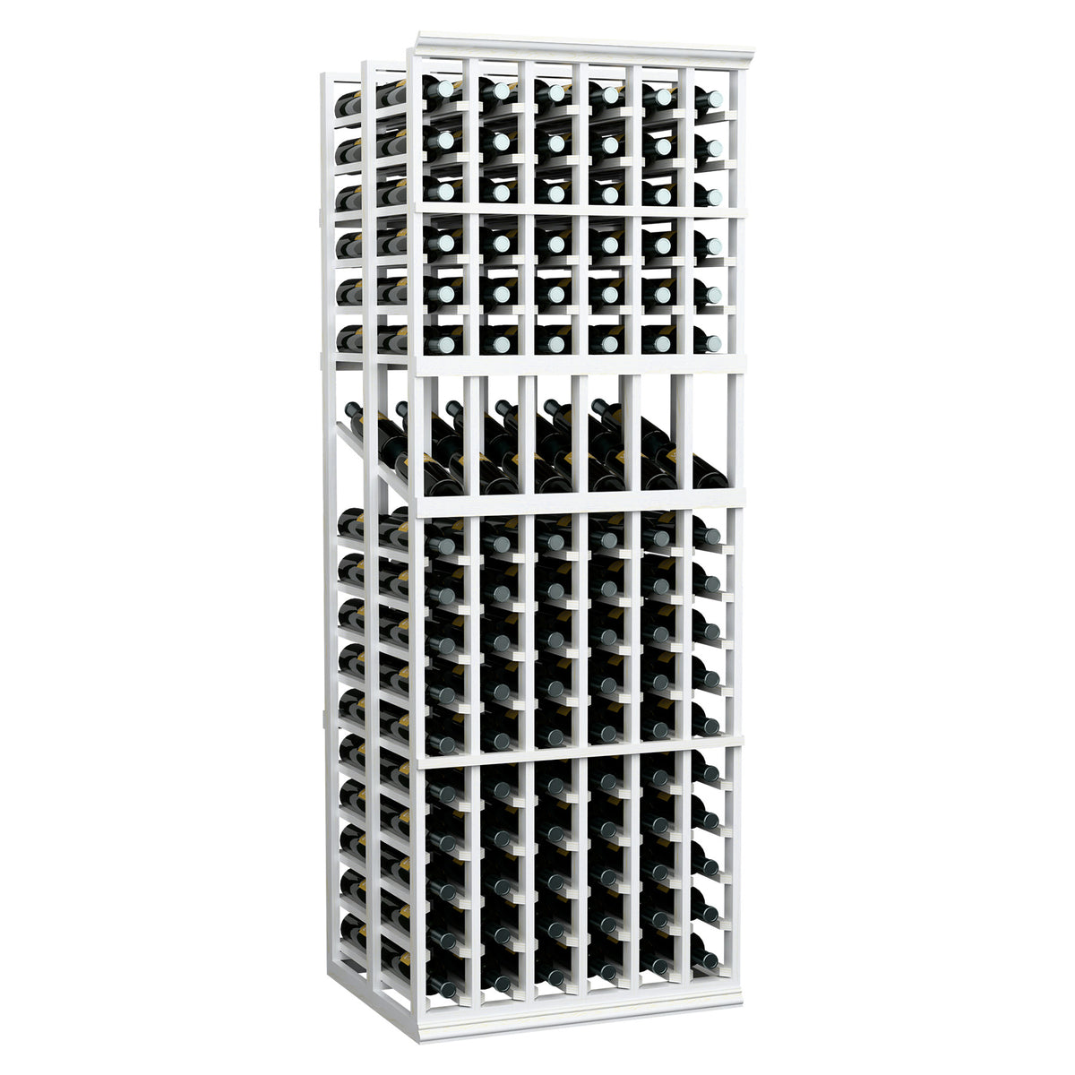 Full-view white 6-column double-deep wine display rack with bottle storage grid
