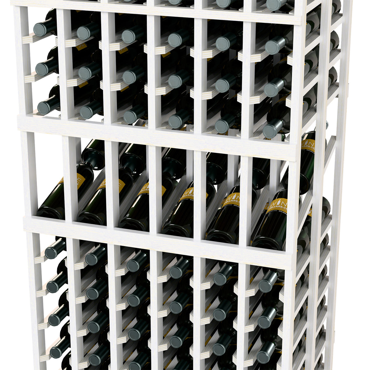 White wine rack close-up with bottle compartments and repeating grid bottle holders