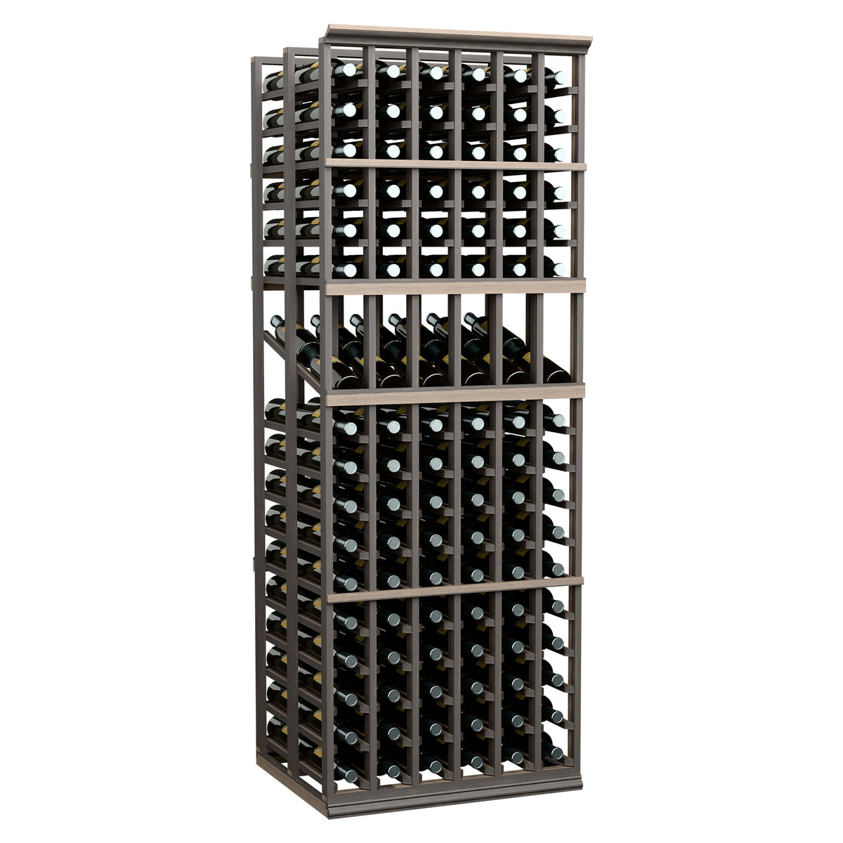 Wine display rack with dark frame and multiple bottle slots, front view
