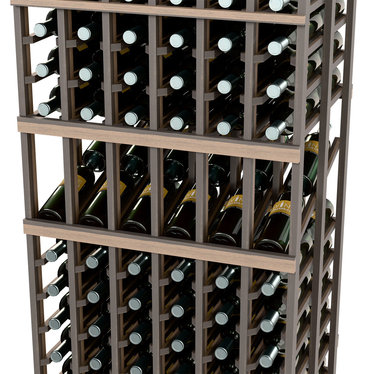 Wine display rack interior with bottle rows on shelves and grid dividers, close-up