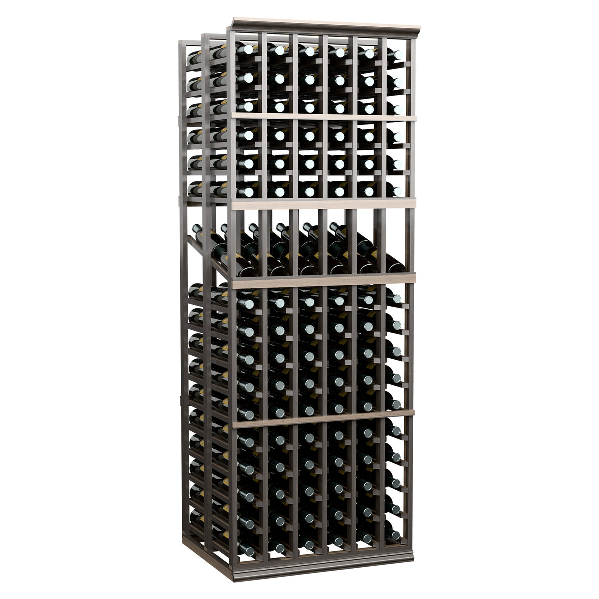 Wine display rack with dark frame and bottle openings, front view with top row