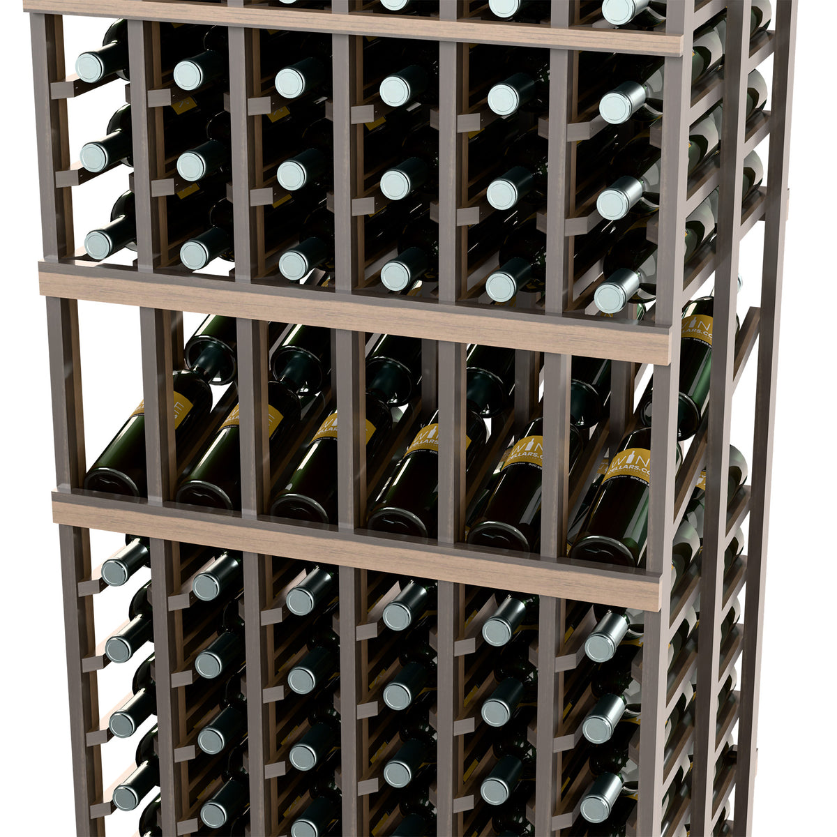Wine display rack interior showing bottle slots, wood shelves, and grid dividers