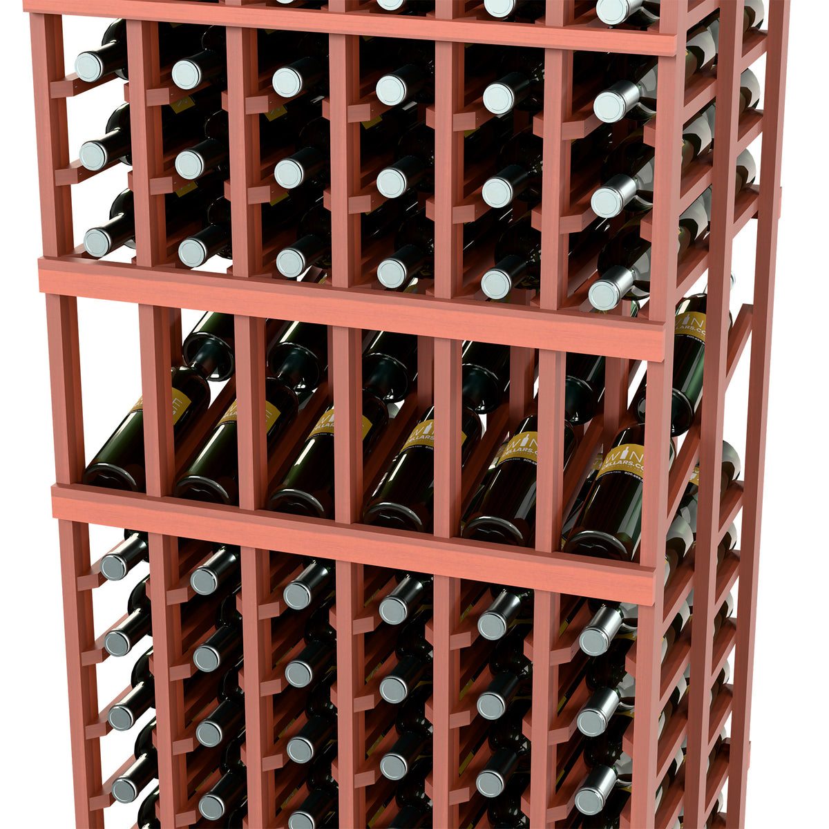 Wine display rack interior with bottles and gray caps behind horizontal shelves