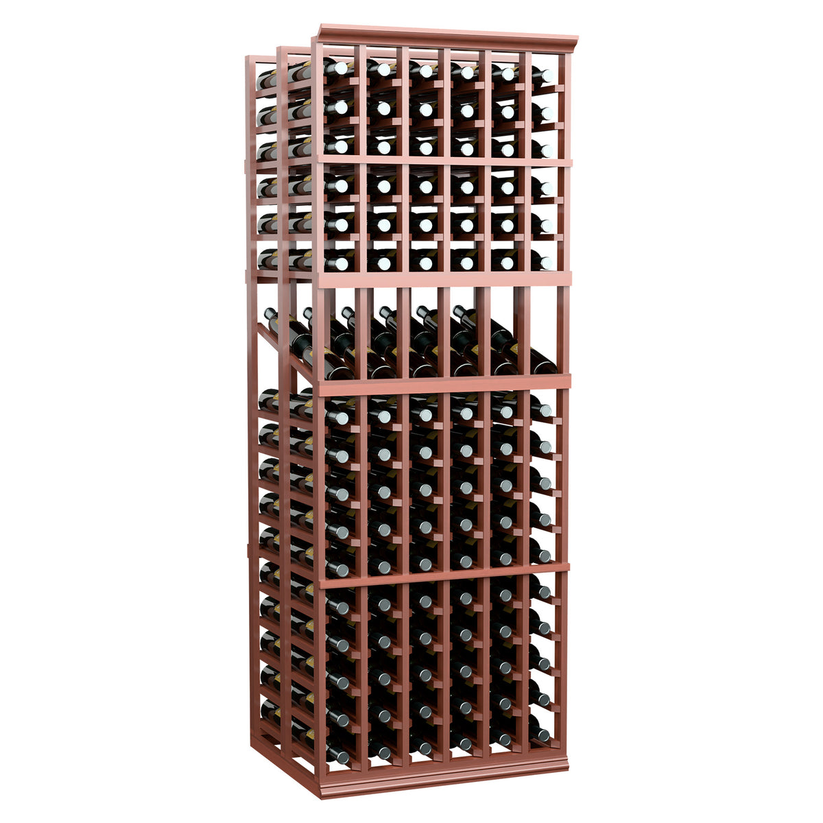 Wine display rack with reddish-brown frame and bottle compartments, front view