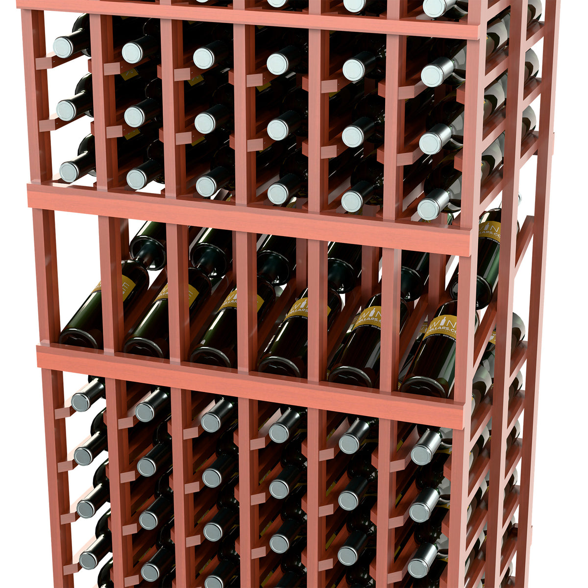 Wine display rack interior showing bottle rows, wood grid dividers, and shelves