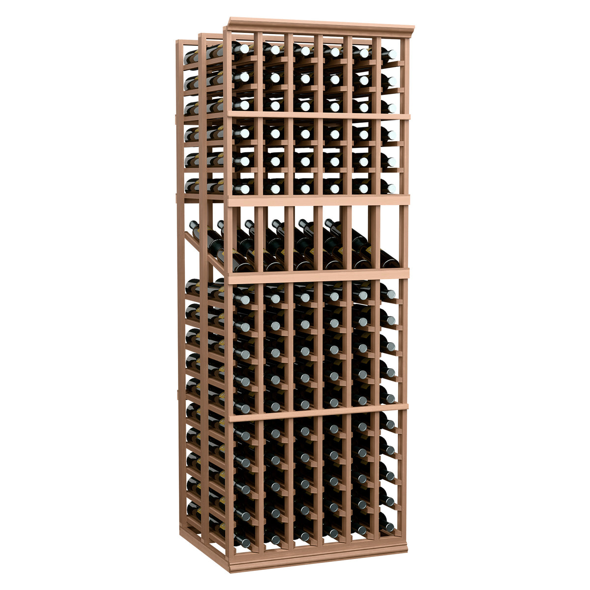 Wine display rack with warm brown frame and bottle slots, front view