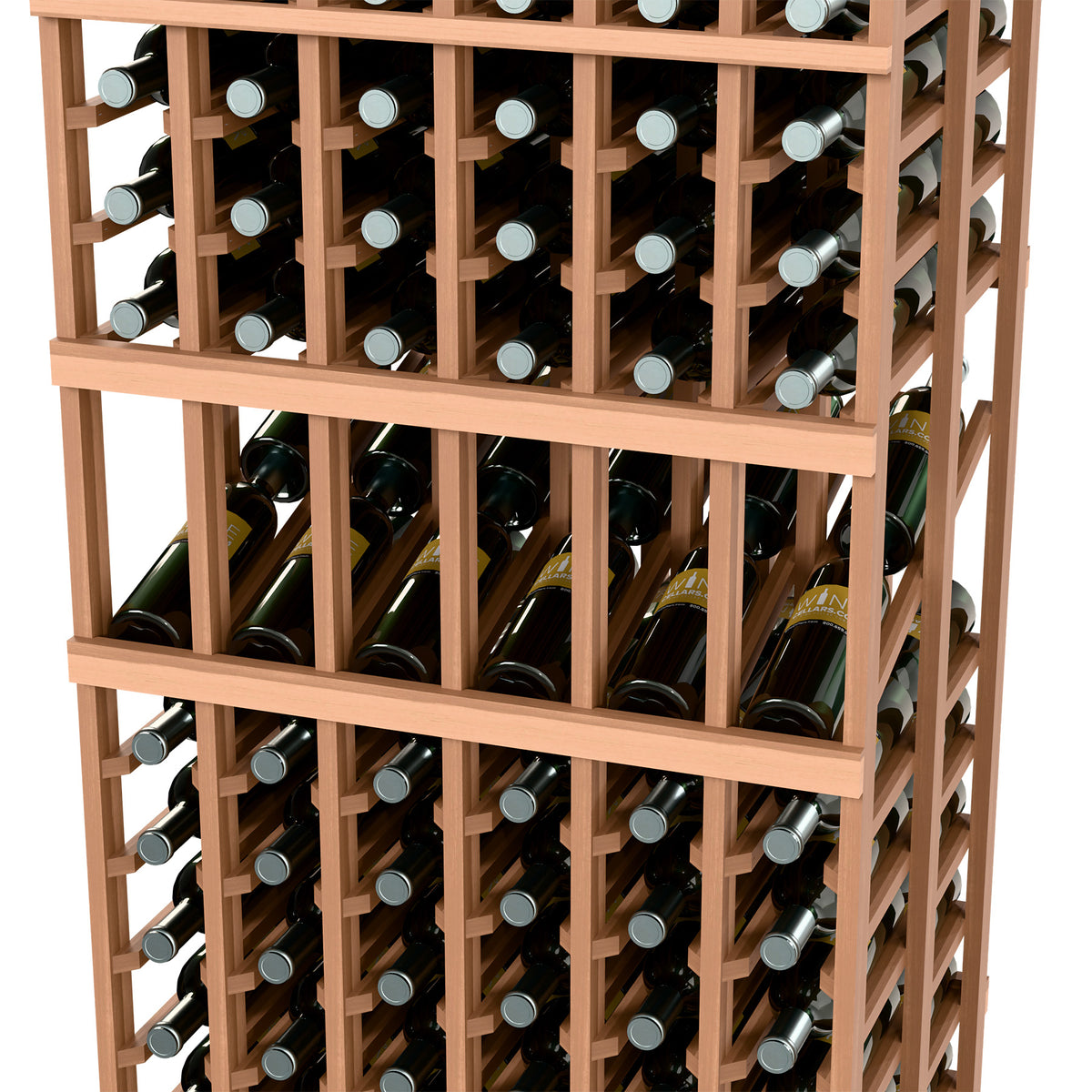 Wine display rack interior with bottles in grid compartments and horizontal shelves
