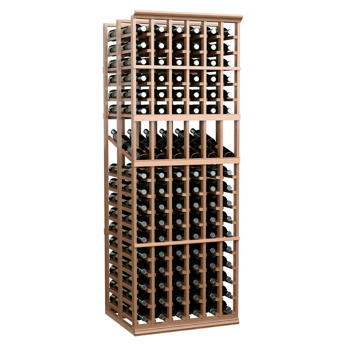 6-column wine display rack with open grid shelves and glass bottle holders, light wood frame