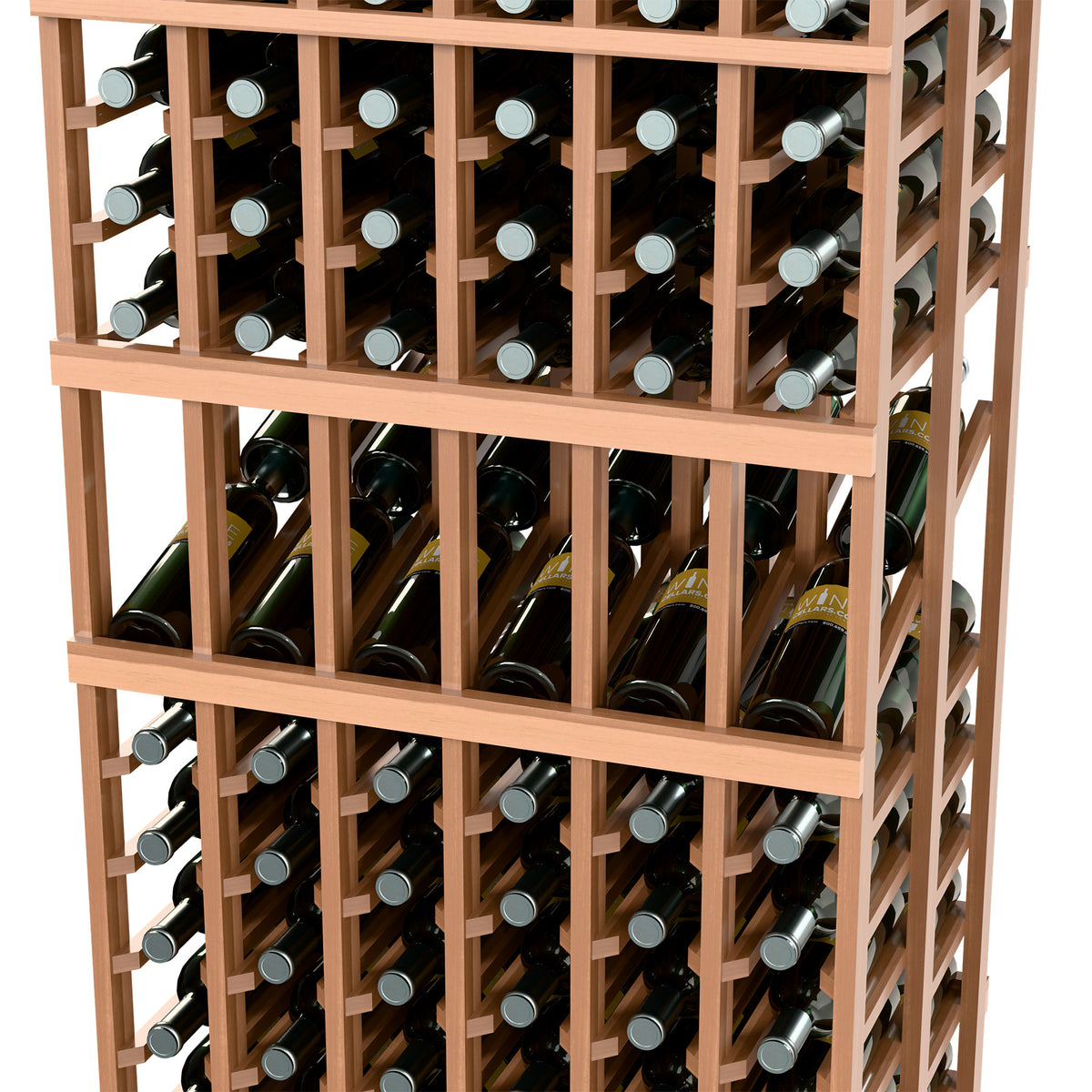 6-column wine display rack close-up showing bottle cubbies with metal bottle neck holders, light wood