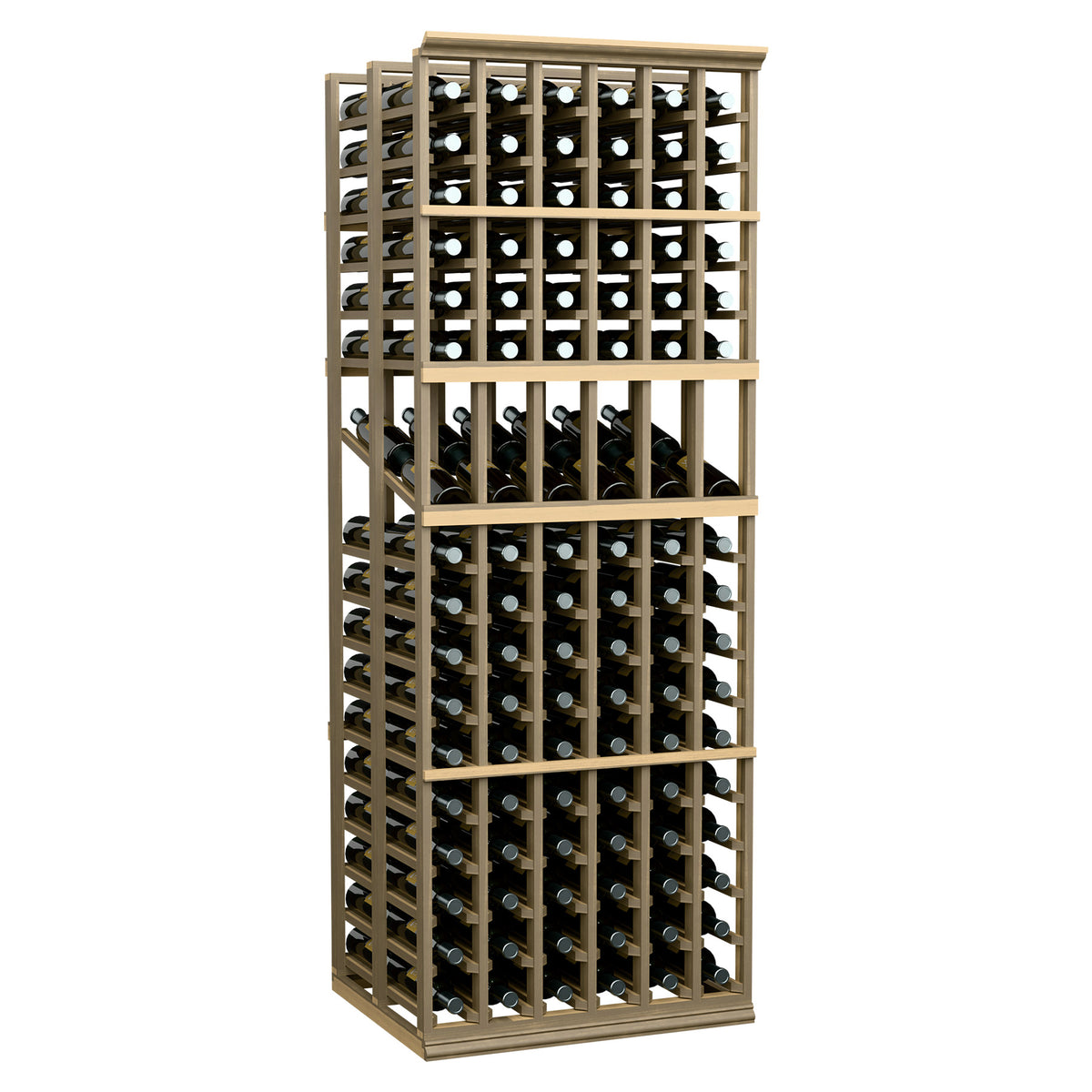 6-column wine display rack with open grid and bottle holders, light wood frame