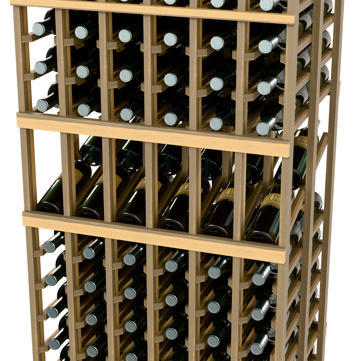 6-column wine display rack close-up with bottle cubbies and horizontal supports, light wood