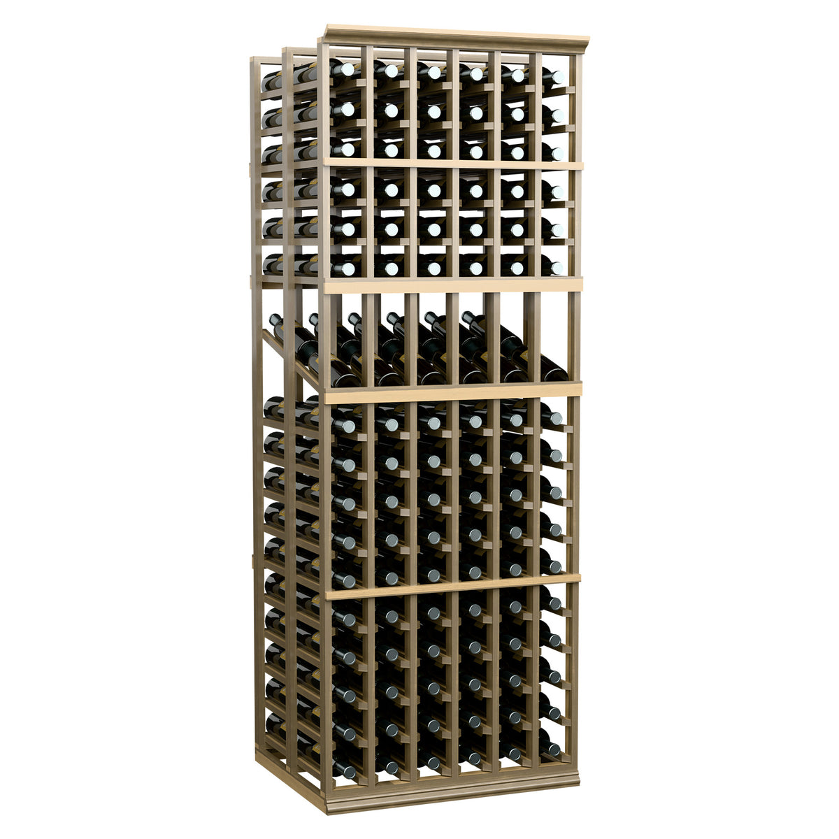 6-column wine display rack with open grid shelves and bottle holders, light wood frame
