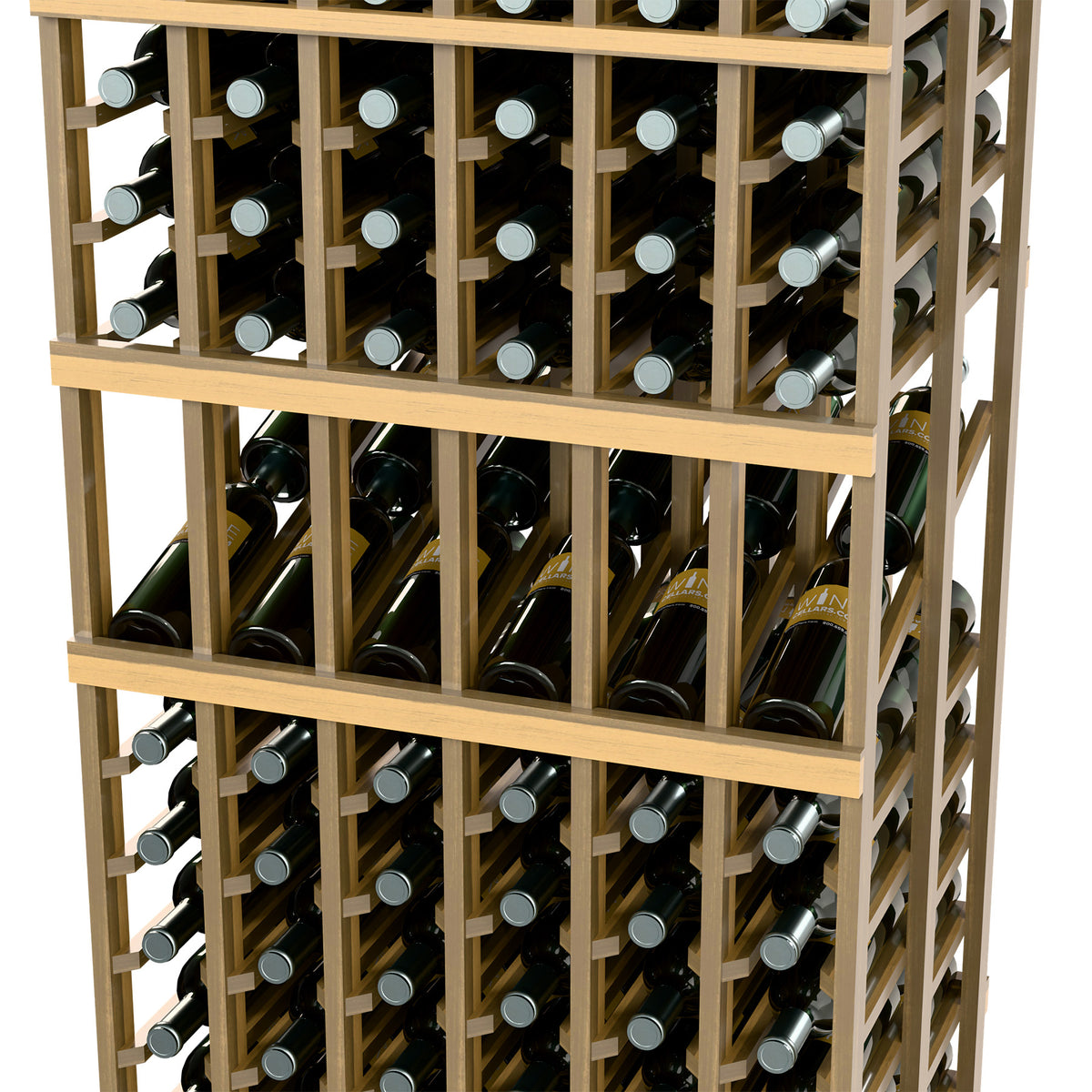 6-column wine display rack close-up showing bottle cubbies and bottle neck holders, light wood