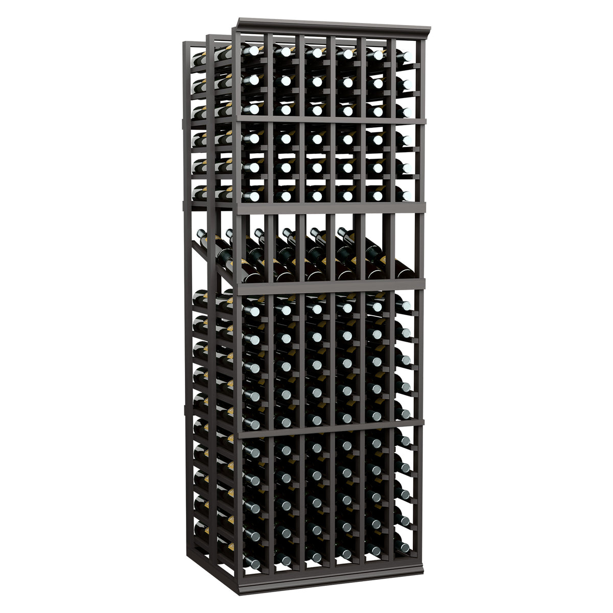 6-column wine display rack with open grid shelves and bottle holders, dark wood frame